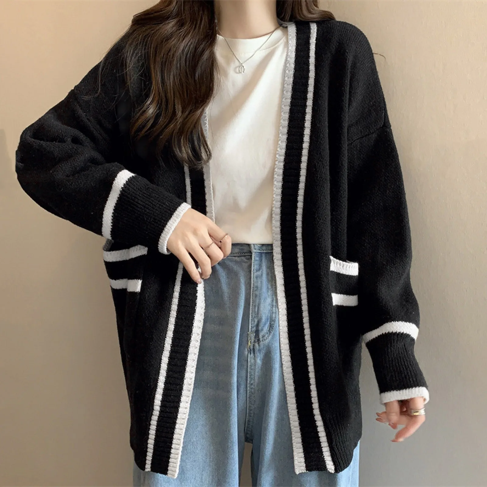 Striped Edge Knitted Cardigan Varsity Cardigan Long Sleeve V-Neck Open-Front Sweaters Knit Jacket for Women Preppy Style coats