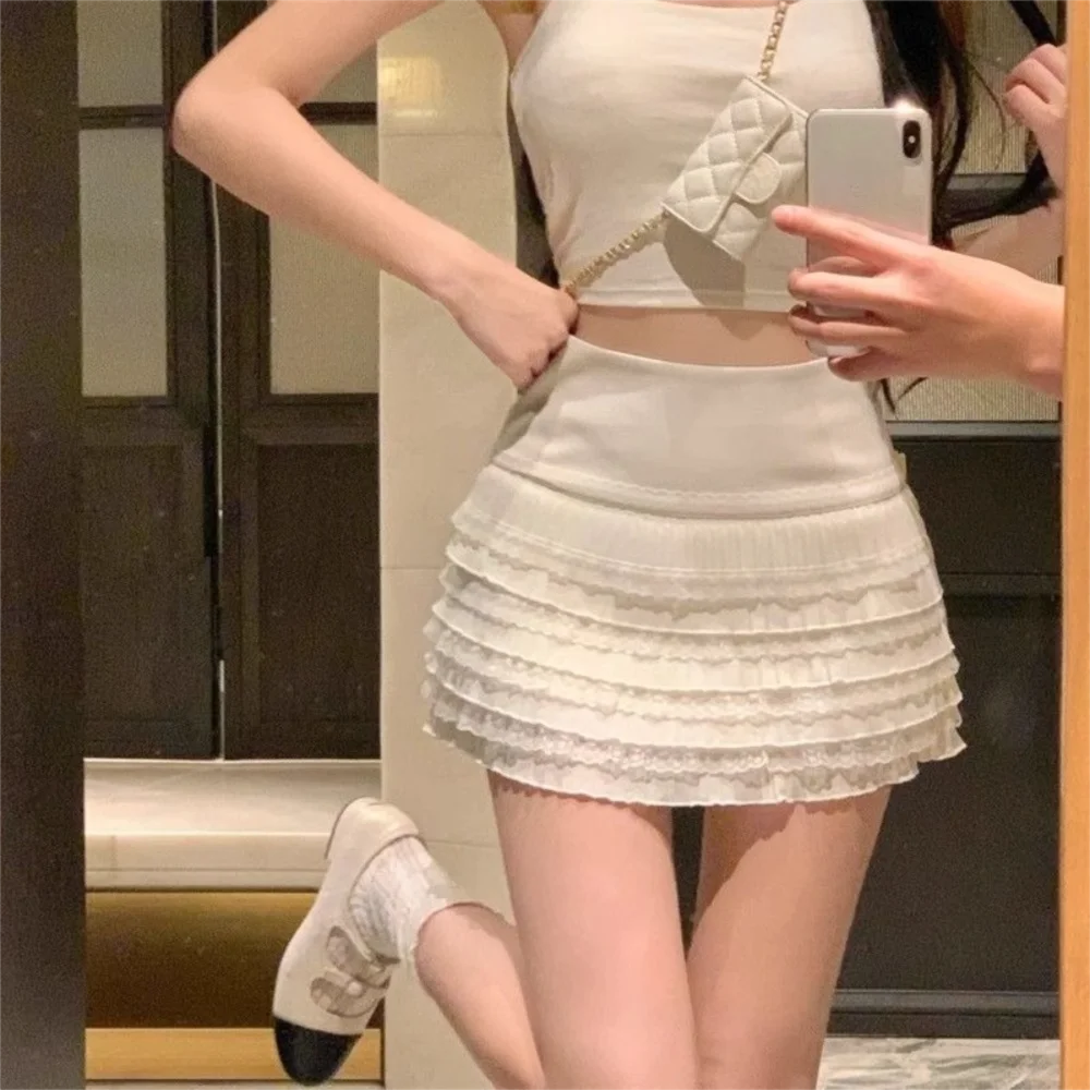 Fashion Sweet Lace Pleated Skirt with Safety Pants Slimming A- Line Skirt High Waist Cake Skirt Women