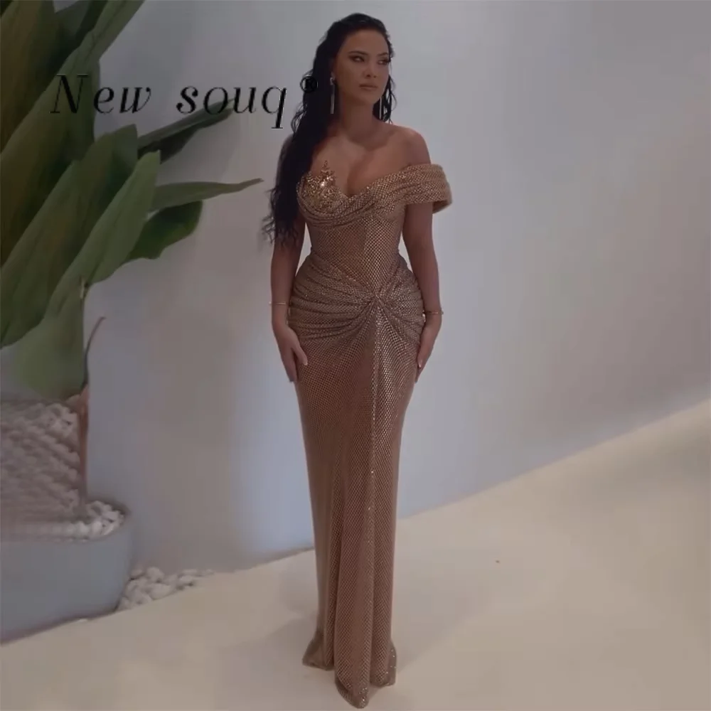 Customized Glitter Rose Gold Off Shoulder Beaded Sequin Evening Dresses Arabic Long Draped Mermaid Wedding Guest Party Gowns