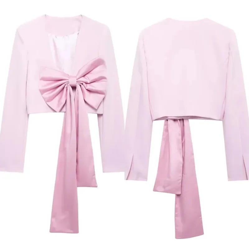 Bow Embellished Pink Cardigan Jacket Women 2024 Autumn American Big Bow Silk Long Sleeved Texture V-neck High Street Trend Top