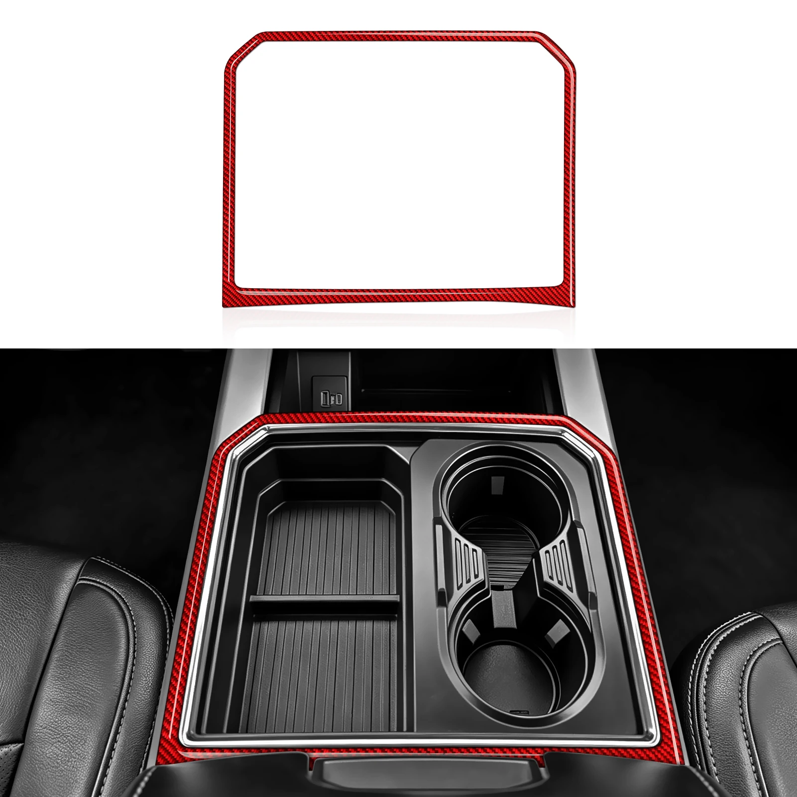 Red Carbon Fiber Interior Sticker. Car Center Console Cup Holder Panel. For Ford F-250 350 450 550 (2015-2022) Trim Accessories.