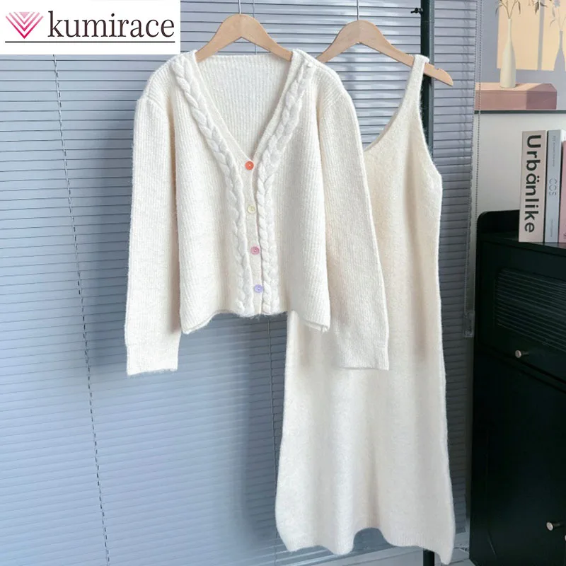 

Autumn and Winter New Sweater Two-piece Vest Dress Design Gentle Soft Waxy Fried Dough Twists Knitting Cardigan Women's Suit