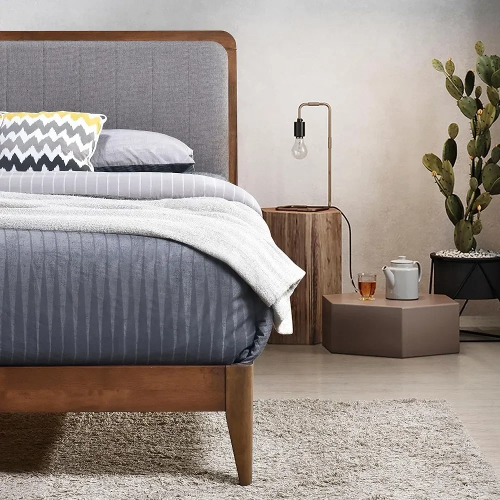 Raven Solid Wood Queen Size Bed Frame - Mid Century Modern Style, Platform with Tufted Upholstered Adjustable Height Hea image 5