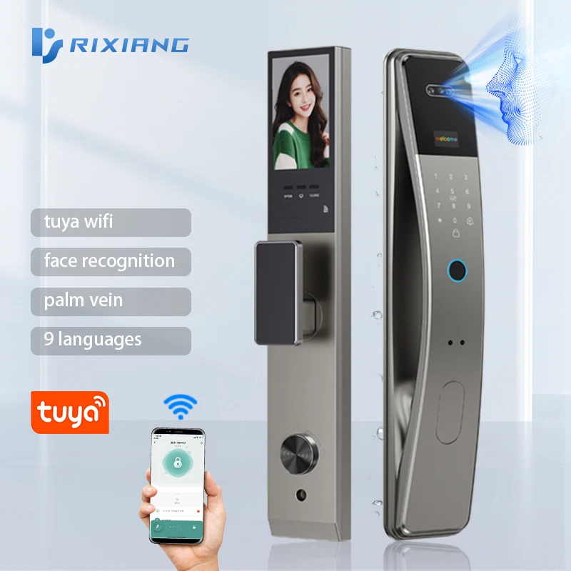 Face Recognition Smart Door Lock with Fingerprint Touchscreen WiFi  App and 9 Language Support for Wood Door House Apartment