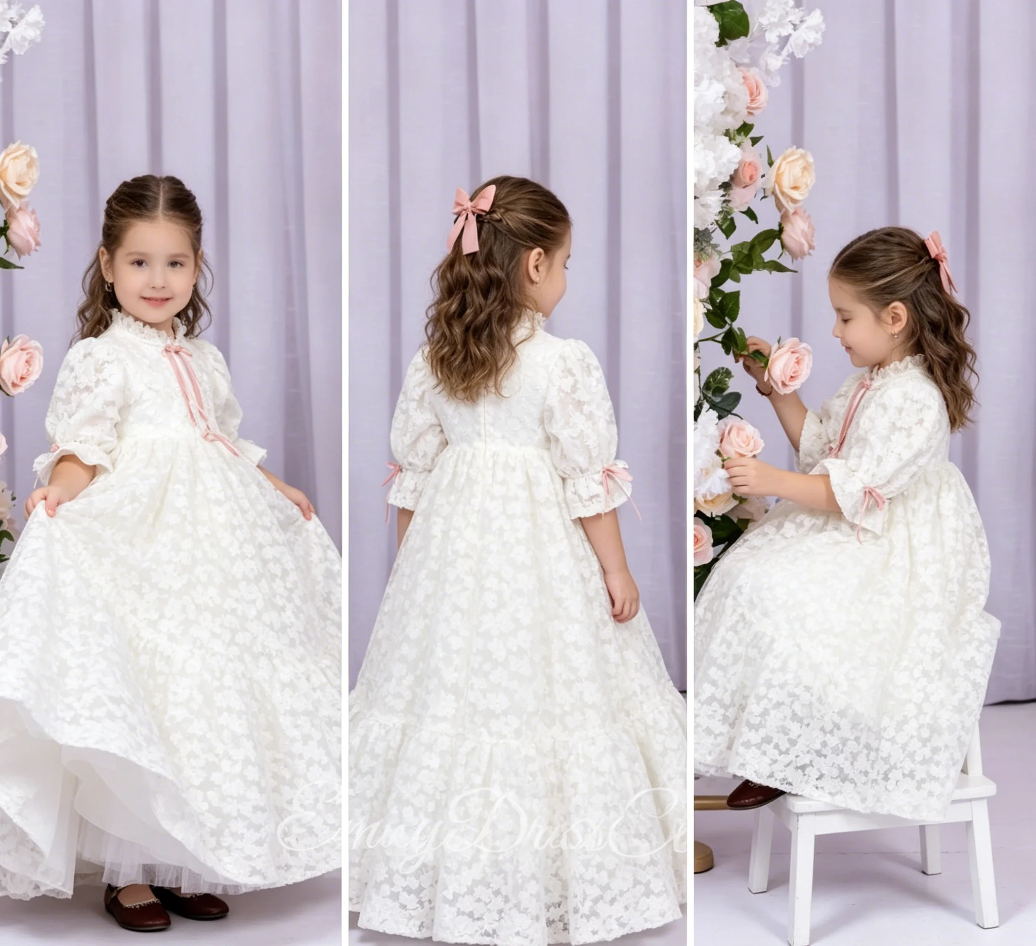 Princess Flower Girl Dresses For Wedding Half Sleeves High Waist Lace Kids Party Birthday First Communion Gown Custom