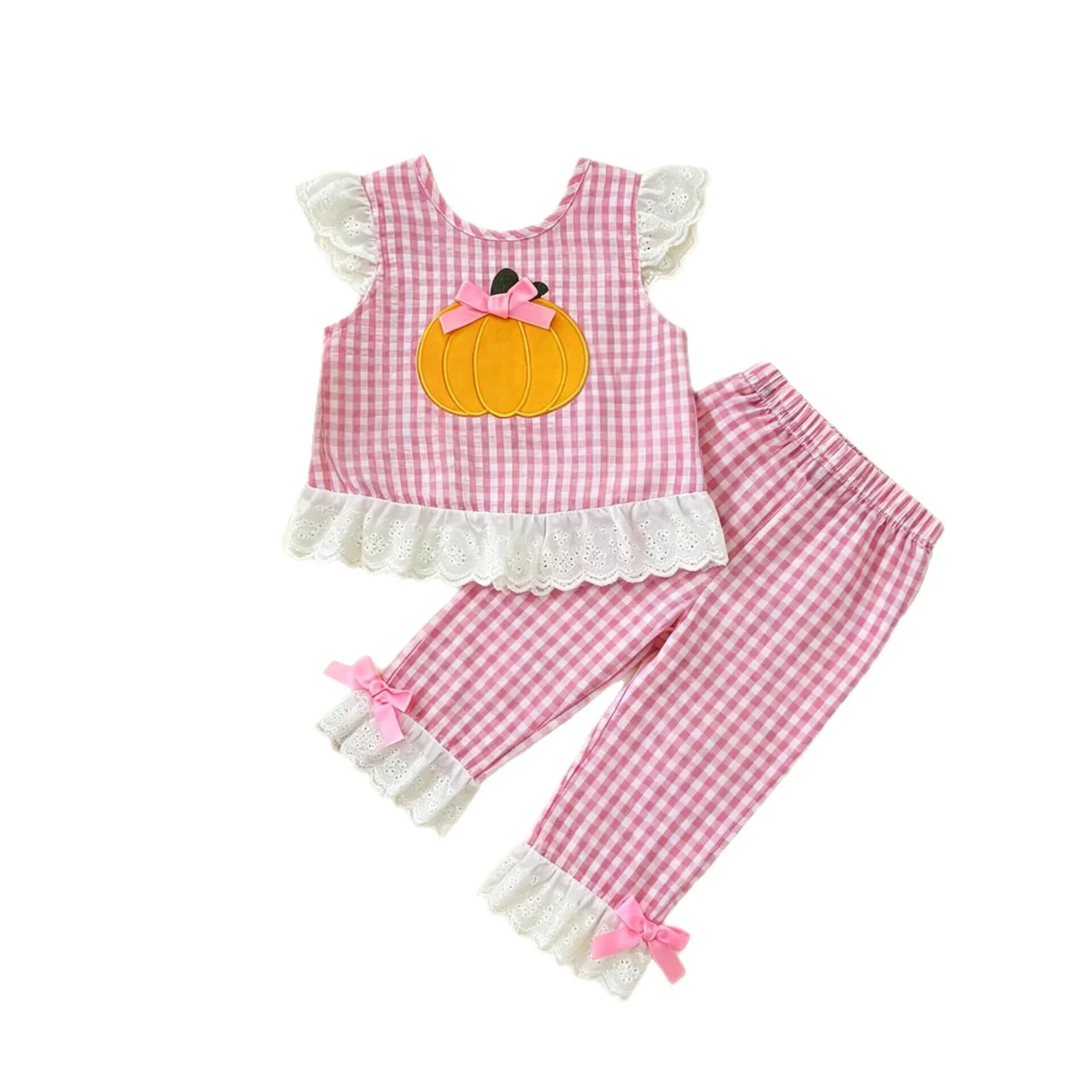 Pumpkin Embroidery Pink Plaid White Lace Trim Cuffs Girls Short-sleeved Top and Trousers Thanksgiving Bouutique Set RTS