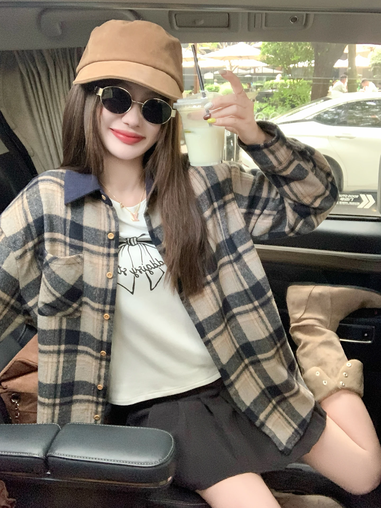 

Zeng Xiao Salted Korean Retro Plaid irt Jaet Women's Loose Long Sve Thiened Autumn Winter Top Warmth Protection