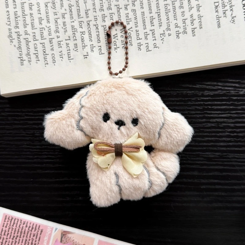 귀여운 플러시 강아지 참 장식, 인스 스타일의 재미있는 인스 리본, 소녀 감성의 하트 백팩 참 장식, 가방 및 열쇠용 강아지 키체인