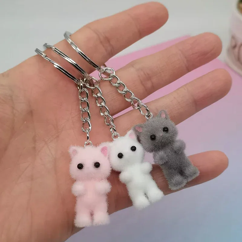 1PCS 3D Cartoon Flocking Cat Keychain Kawaii Cat Key Ring Animal Key Chains Souvenir Gifts For Women Men Car Keys DIY Jewelry