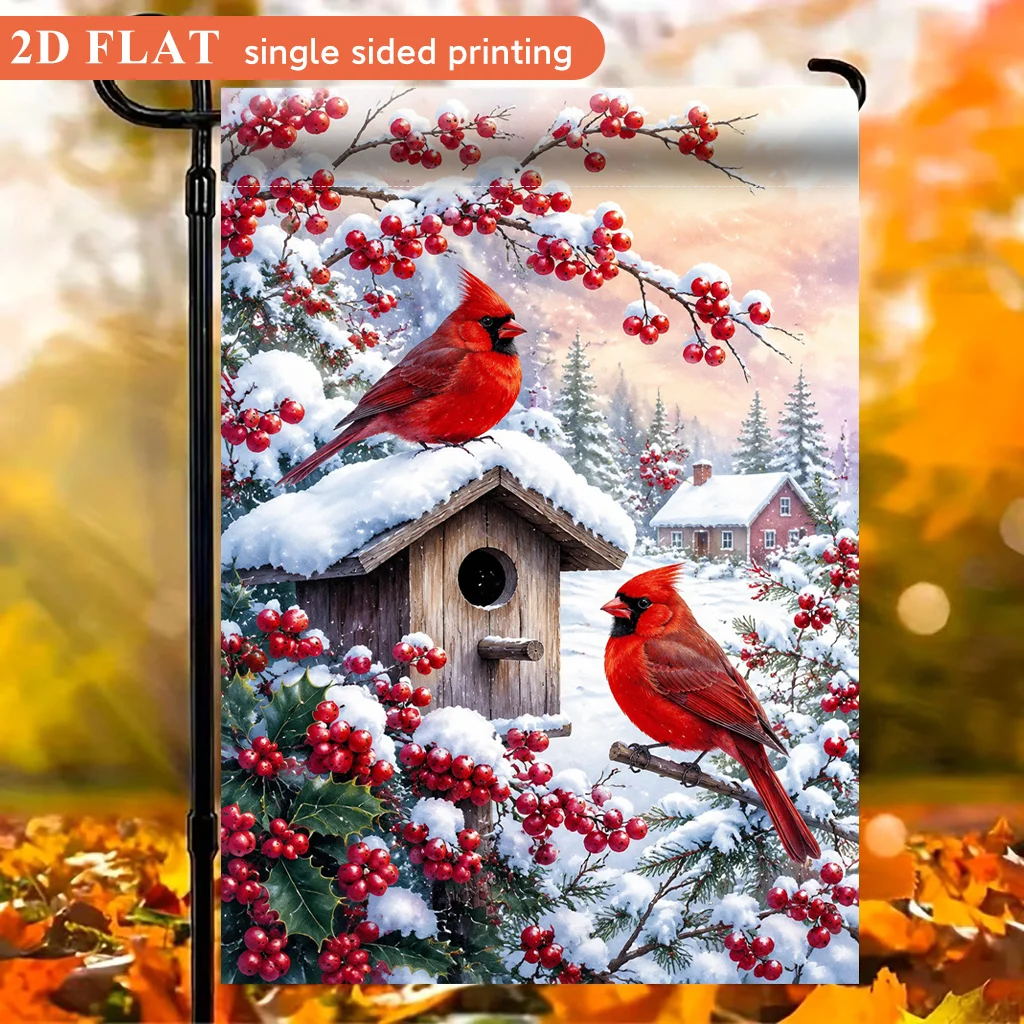 2D Flat, 2D Flat Garden Flag 1pc, Red Birds Snowy Resting Cabin, Polyester Material, Single-sided Printed Design, Ocean Theme, Summer Theme, Holiday Theme, Suitable for Patio Decoration, Outdoor Decoration, Lawn Decoration, Flags Only., 2D Flat