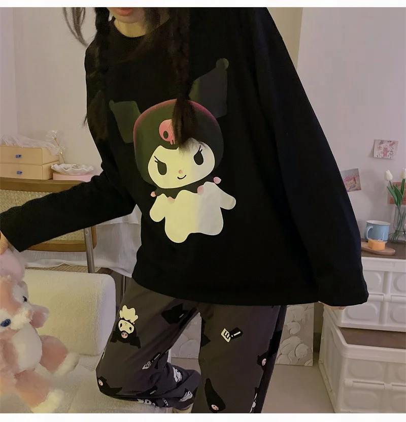 Kawaii Hello Kitty Women Kuromi Winter Warm Flannel Pajamas Thick Coral Velvet Sanrio Cosplay Cartoon Sleepwear Home Suit Coat