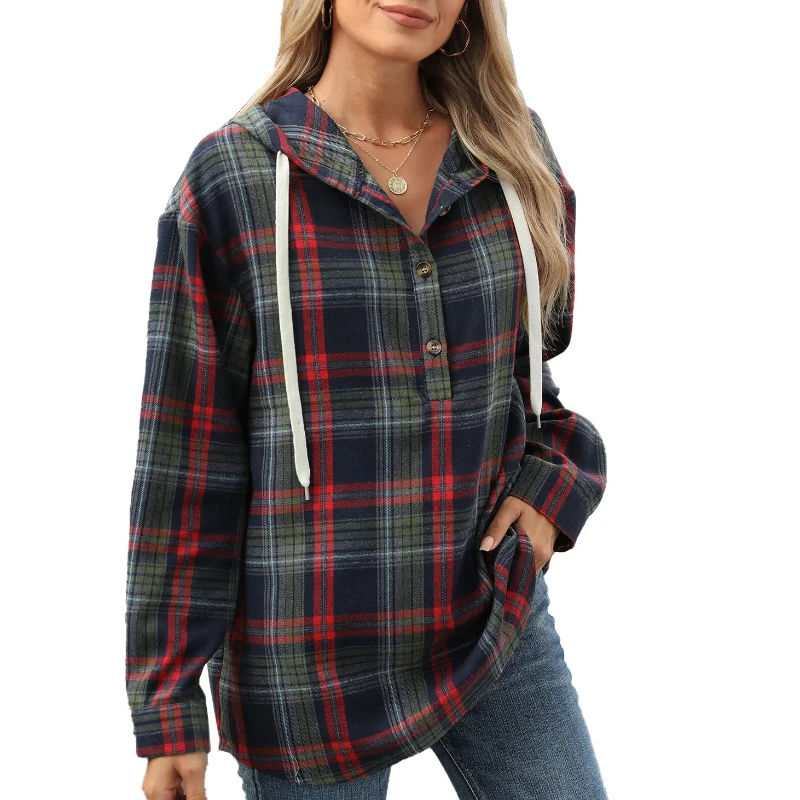 New Plaid Drawstring Hooded Loose Long-sleeved Sweatshirt