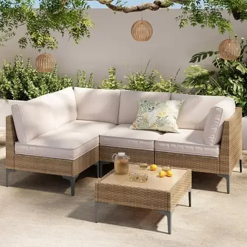 5-Piece Patio Furniture Set, Outdoor Wicker Sectional Sofa with Coffee Table, Anti-Slip & Thick All-Weather Cushions
