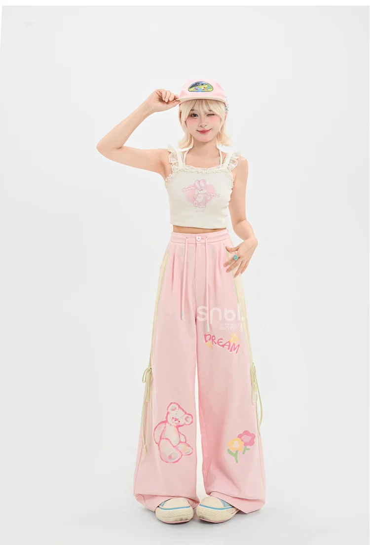 2025 Summer New Women's Sweet Style Pink Bear Print High Waist Slim Fit Versatile Casual Cotton Wide Leg Pants
