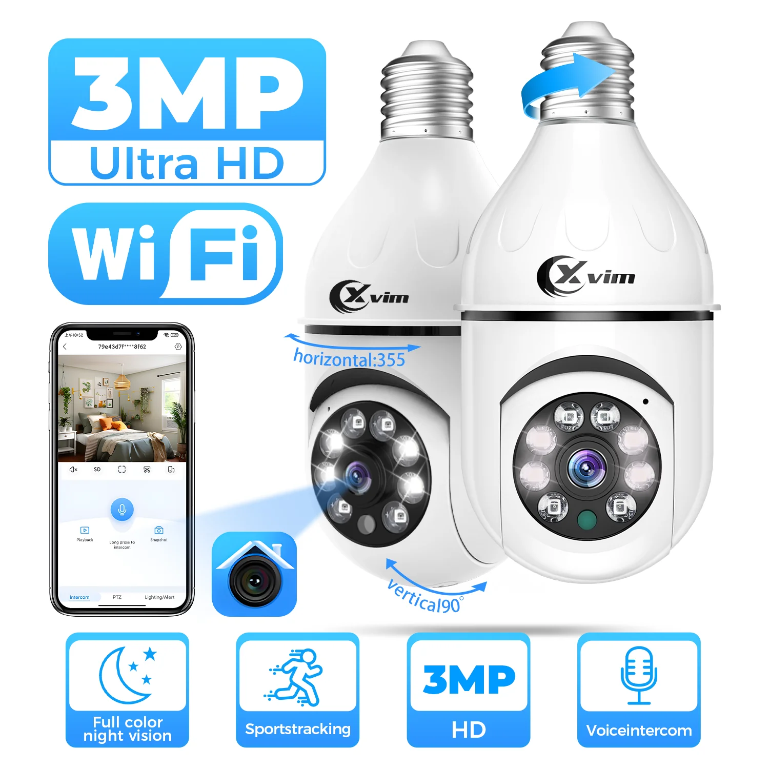 XVIM 3MP Wireless WiFi Light E27 Mini Bulb Camera Security 360 Pan Two-way Audio Full Color Night Vision Indoor Motion Detection
