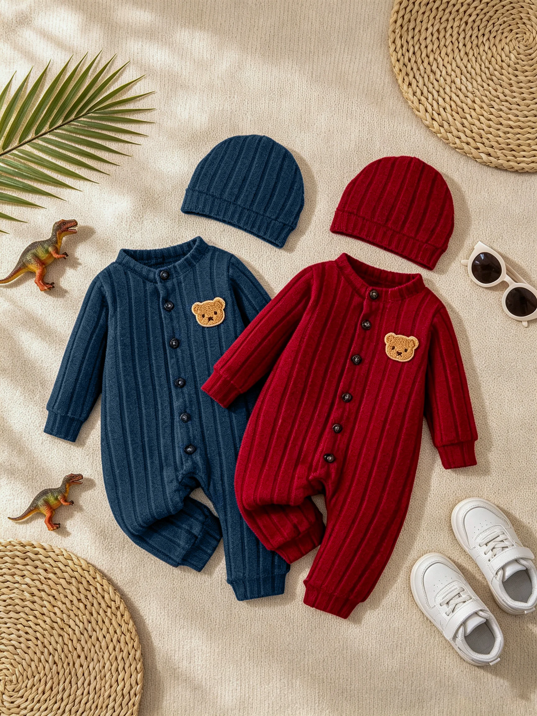 【Bebé niño】 Mono rojo de otoño e invierno con botones delanteros de un solo pecho y lindo insignia de oso en el pecho + conjunto de sombrero rojoConjunto de una cintura