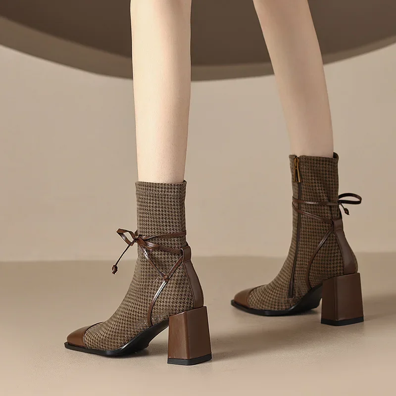 2024 New French Style Square Toe Chunky Heel High Heeled Short Boots for Women Autumn Winter Single Boots Women Womens Boots