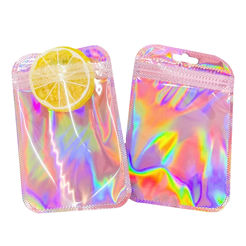 

50pcs Holographic Bags Resealable Packaging Bag Rose Pink Foil Pouch Packaging Ziplock Mylar Baggies For Food Storage,Candy