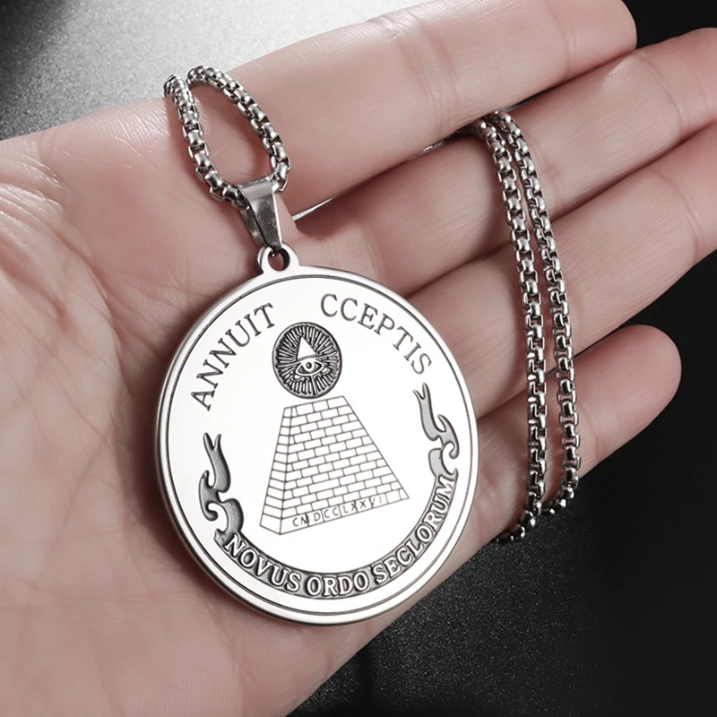 Ancient Egyptian Pyramid Eye of Horus Pendant Disc Stainless Steel Necklace for Men and Women Classic Rune Amulet Jewelry