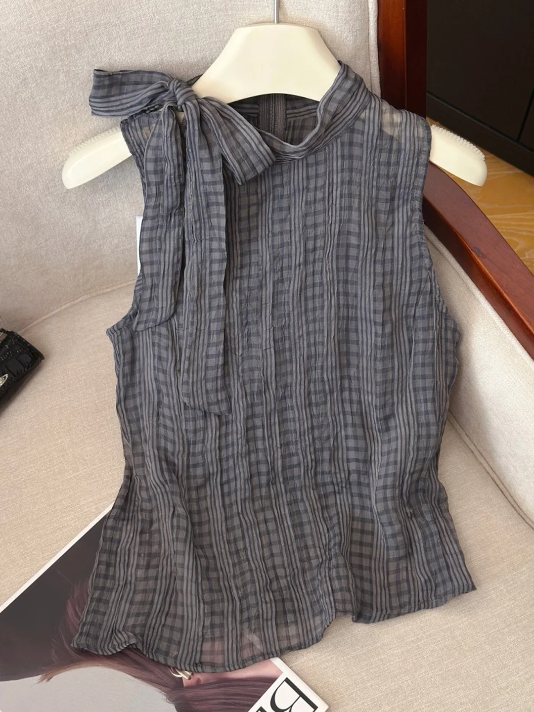 

Trendy Plaid Sash Vest Women Summer New Design Unique Spicy Girl Outerwear Beautiful Sleeveless Top Loose Fit Casual Wear