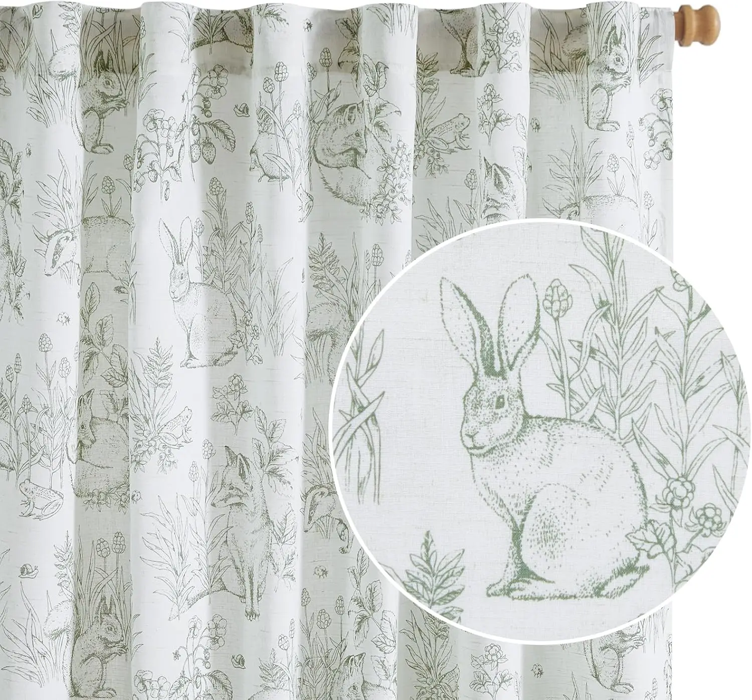 

Linen Nursery Curtains 72 inch Long Woodland Wildlife Sage Green Print Drapes for Kid's Room Light Filtering French Coun