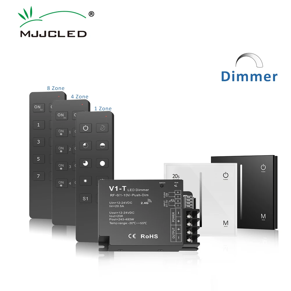 LED Dimmer V1-T 12V 24V 2.4G RF Wireless Remote R1 RU4 RU8 0-10V Wall Mounted Panel T18 Touch Dimming for Single Color LED Strip