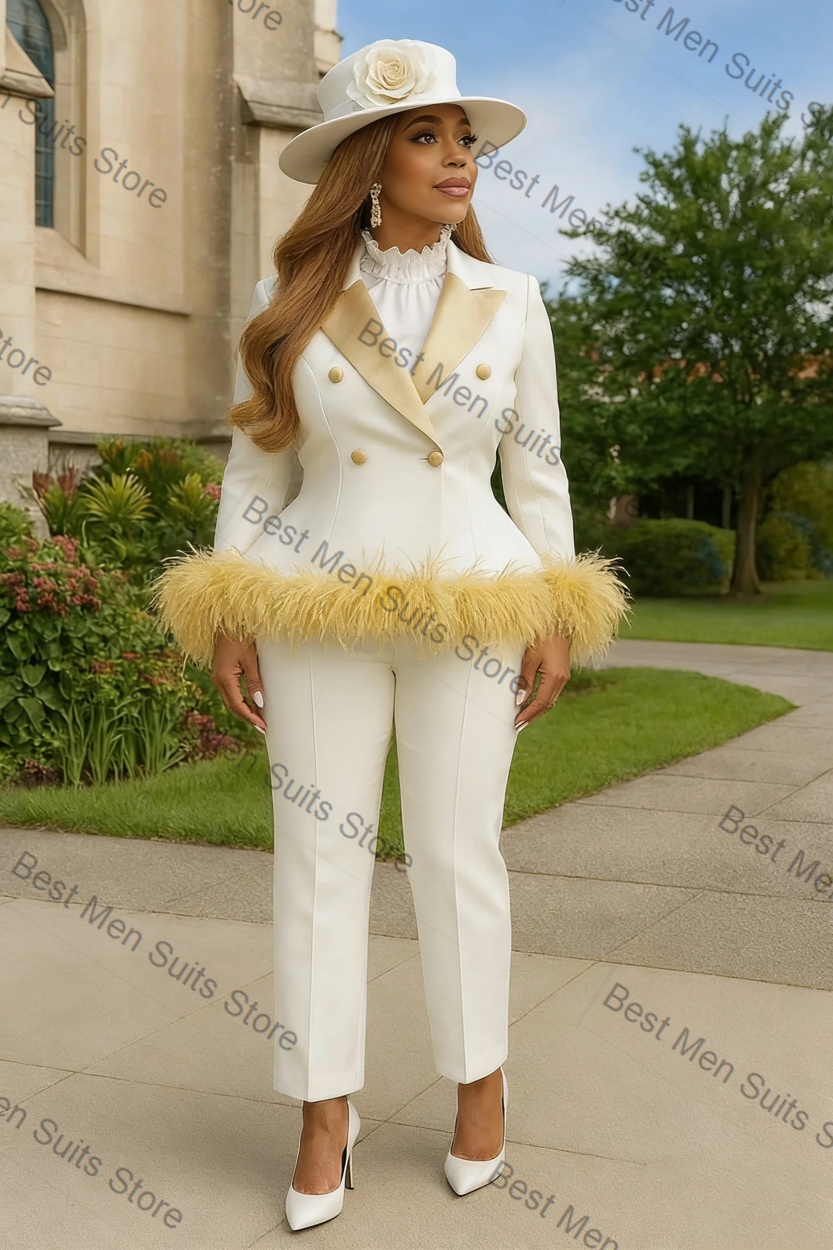 

Luxury Feather White Women Suit Set 2 Pcs Blazer Pants Trousers Formal Office Jacket Customized Wedding Tuxedo Guest Coat