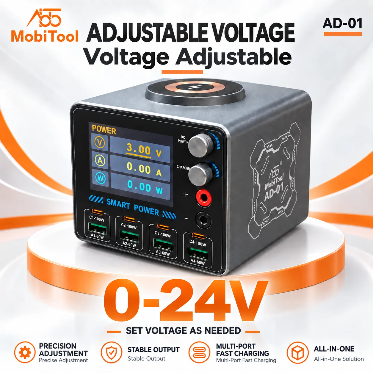 MobiTool multi-port fast charger with adjustable power supply 60-100W, suitable for smartphone and tablet repair.