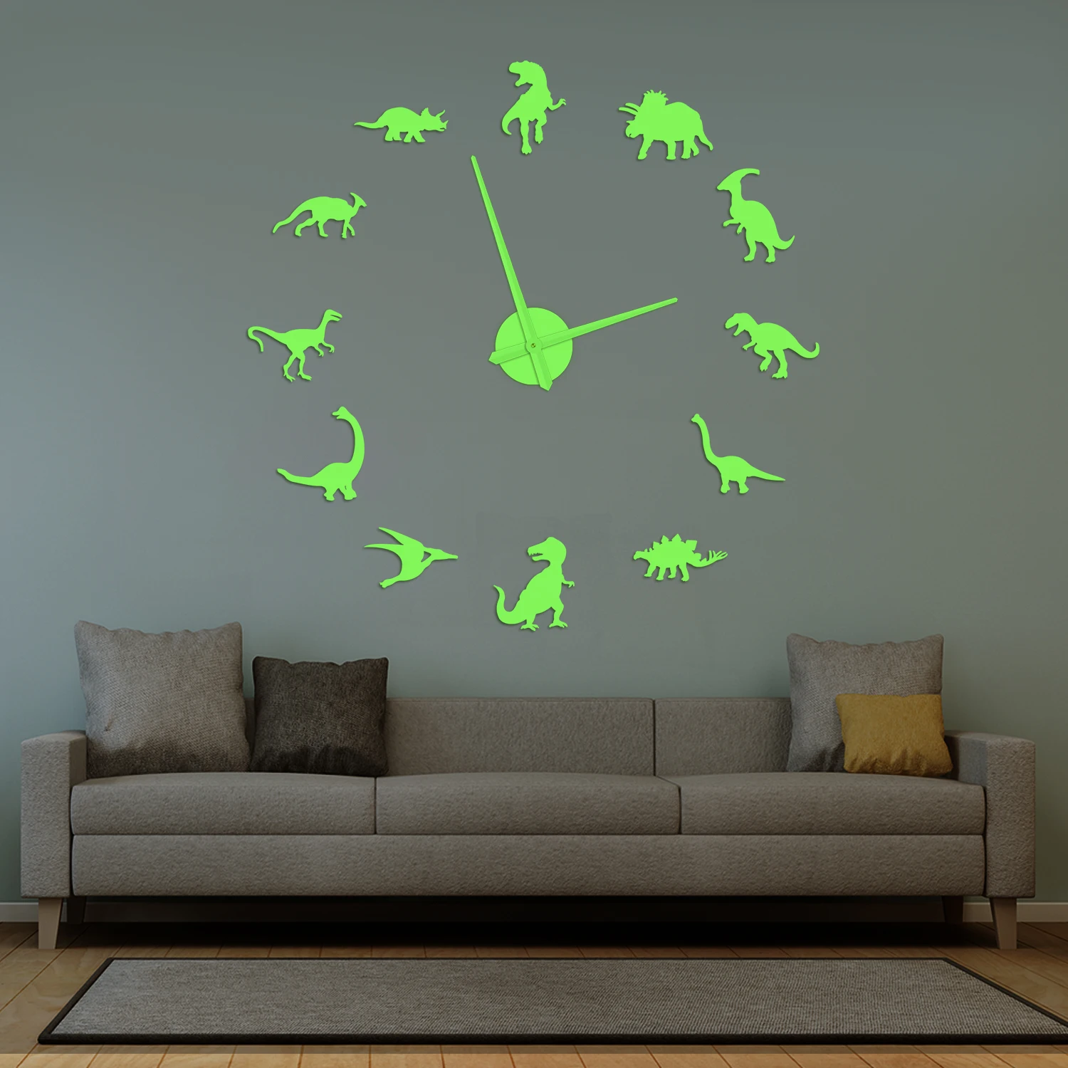 Dinosaur Silhouette DIY Wall Clock Glow in Dark Prehistoric Animal Home Decor Luminous Wall Clock For Kids Room Nursery Playroom