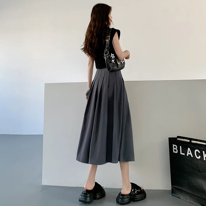 Spring Fashion Korean High Waist Slim Mid Length Pleated Skirt Women's Solid Patchwork Zipper Sweet All Match Loose Half Skirt