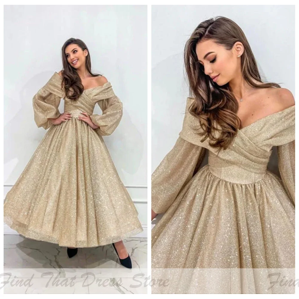 

Custom Made Sparkly Sequins Off Shoulder Pleated Ball Gown Prom Dress Tea-Length Backless Bridal Evening Dress with Long Sleeve