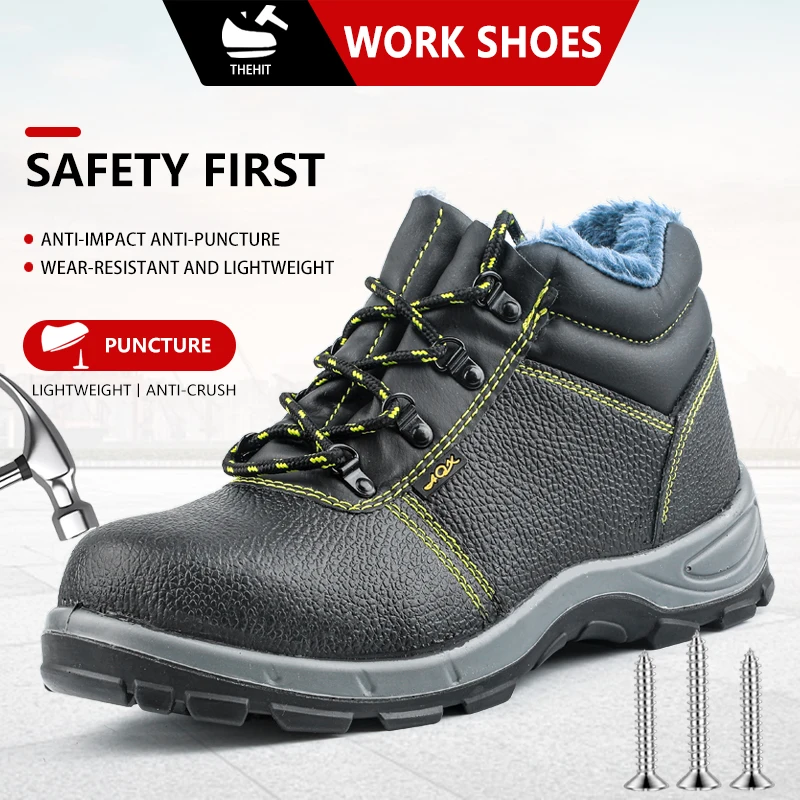 Warm and insulated two-layer sheepskin PU sole winter safety shoes with anti-shock and anti-puncture protection for construction
