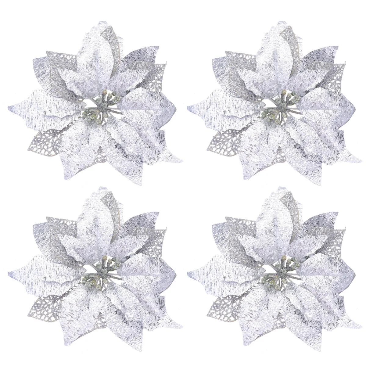 

4pcs Simulation Christmas Flowers Diy Artificial Flower Ornament For Party Home Decor Holiday Craft Silver Festive Decoration