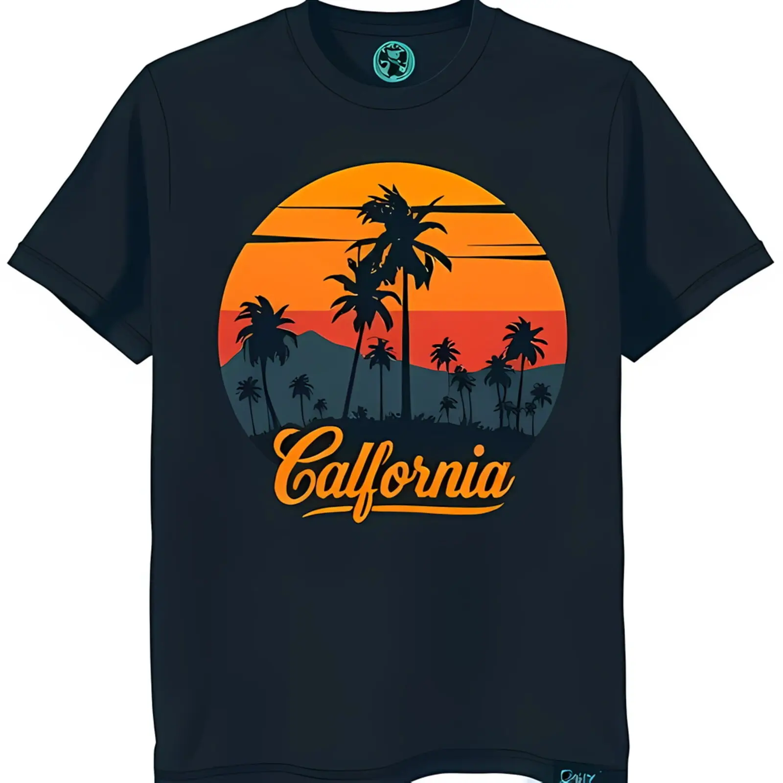 California Sunset Graphic Black T-Shirt with Trees