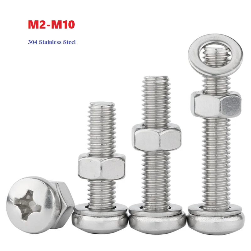 M2 M2.5 M3 M4 M5 M6 M8 M10 Phillips Pan Head Screw 304 Stainless Steel Screw Nut Washer Set Round Head Cross Bolt