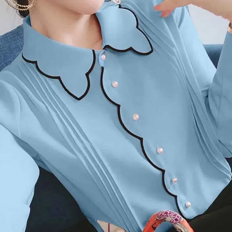 Chiffon Shirt Women\'s Autumn Winter New Thin Long Sleeve Fashion Loose Polo Collar Solid Single Breasted Large Office Lady Top