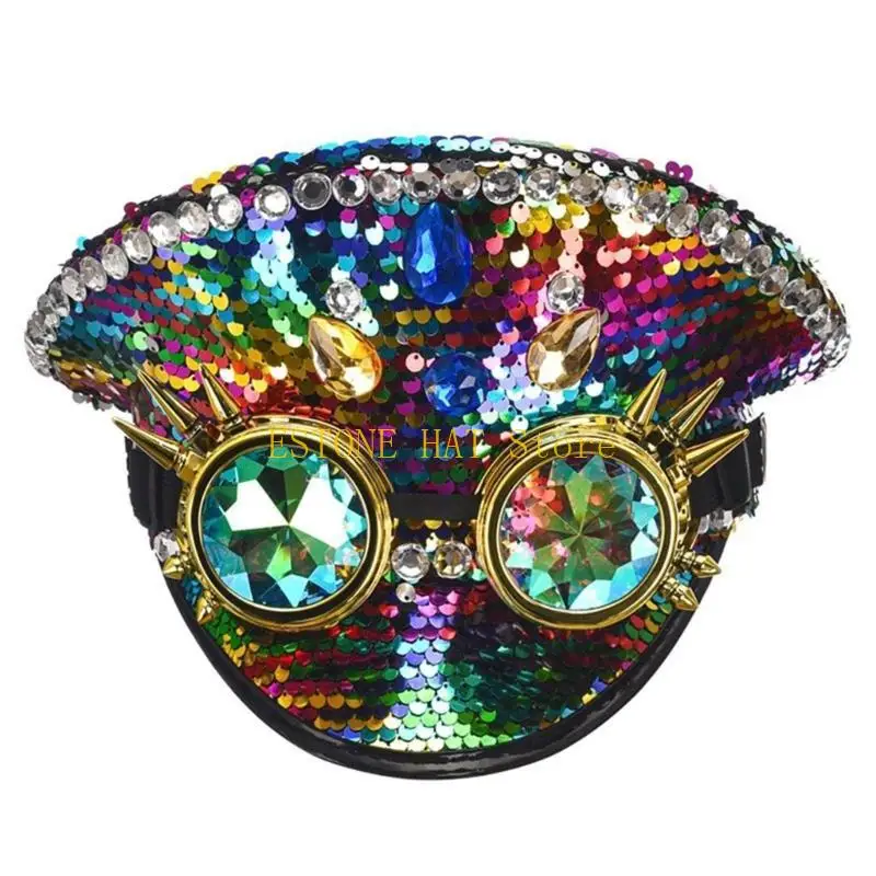 49MF Glitter Captain Hat Fashion Steampunk Party Hat Adult Cap Music Festival Stage Dance Hat Night Club Headgear