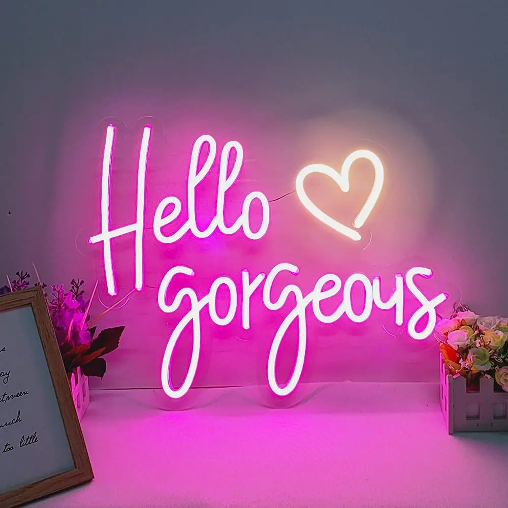 LED Neon Signs Hello Gorgeous, Large Neon Signs for Birthday Party, Home,Bar, LED Neon light Sign for Wall Art Wedding Decor