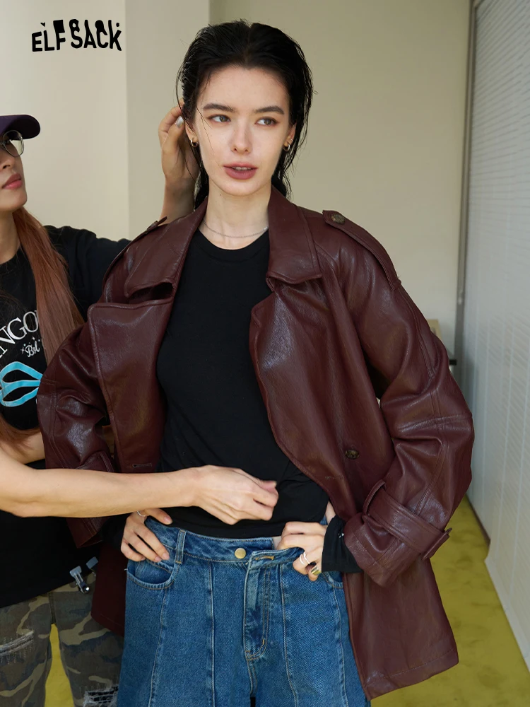 Ele Bury Texture Long Women's Leather Jaet Waist-Cinching Outerwear by Elf Sa Vintage Sle Mid-Length Coat