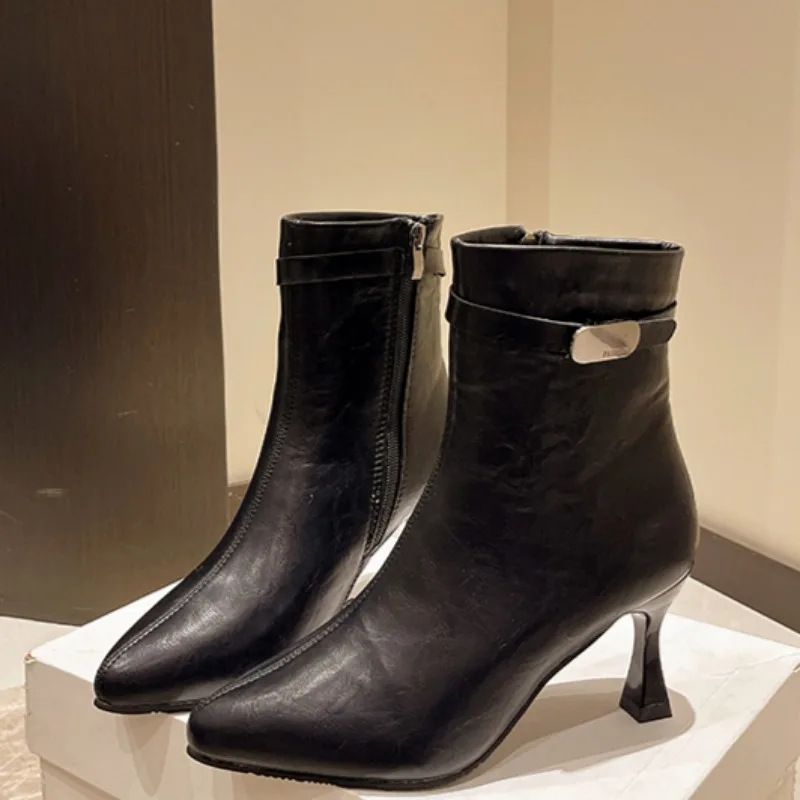 Moda feminina sapatos de salto fino outono nova camurça pontiaguda zíper lateral sola macia antiderrapante resistente ao desgaste sapatos de tubo curto