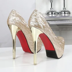 2024 Women 14/12cm High Heels 5cm Platform Pumps Lady Red Bottom Thin Heels  Prom Luxury Elegant Round Toe Formal Gold Shoes