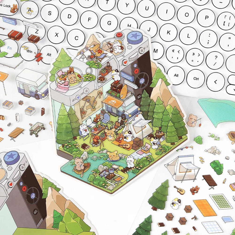 Kawaii  3D Camping house DIY Landscape Sticker Pocket Cabin Scene Stacking Pasting Festival Birthday Gift for Kid Child ﻿