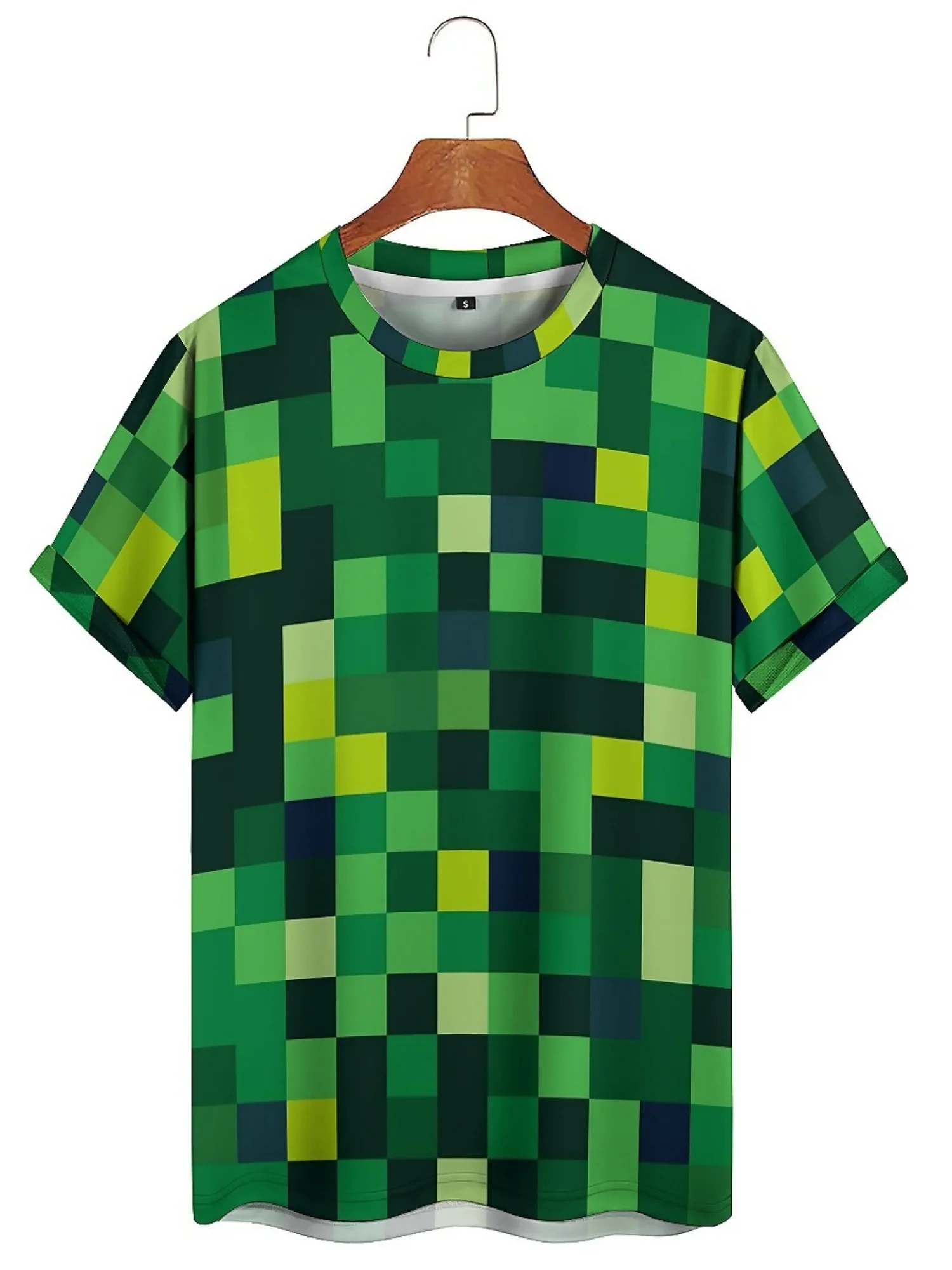 Men'S 3D Pixelated Print Short Sleeve T-Shirt - Green & Black Geometric Design, Soft Polyester Fabric, Casual Crew Neck
