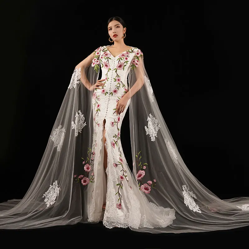 Baisha-vestido de novia de lujo con flores de encaje, vestido de noche de graduación con diamantes de imitación, falda dividida personalizada, H1544