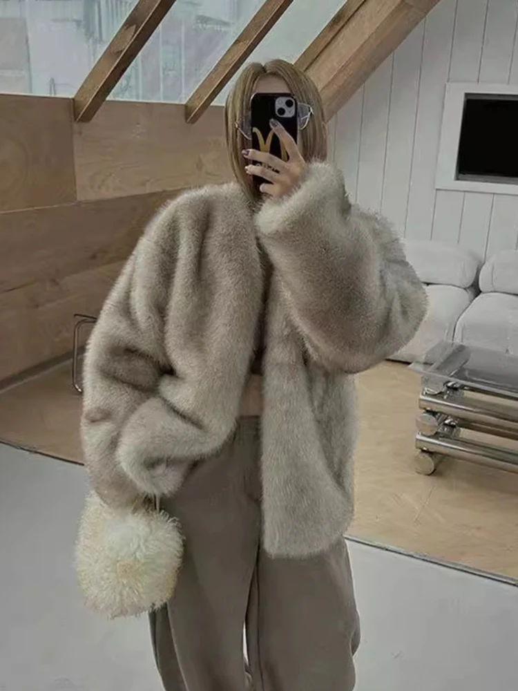 

V Neck New Autumn Winter Faux Fur Jacket for Women Fashion Streetwear Vintage Faux Fur Solid Loose Long Sleeve Pockets Overcoat