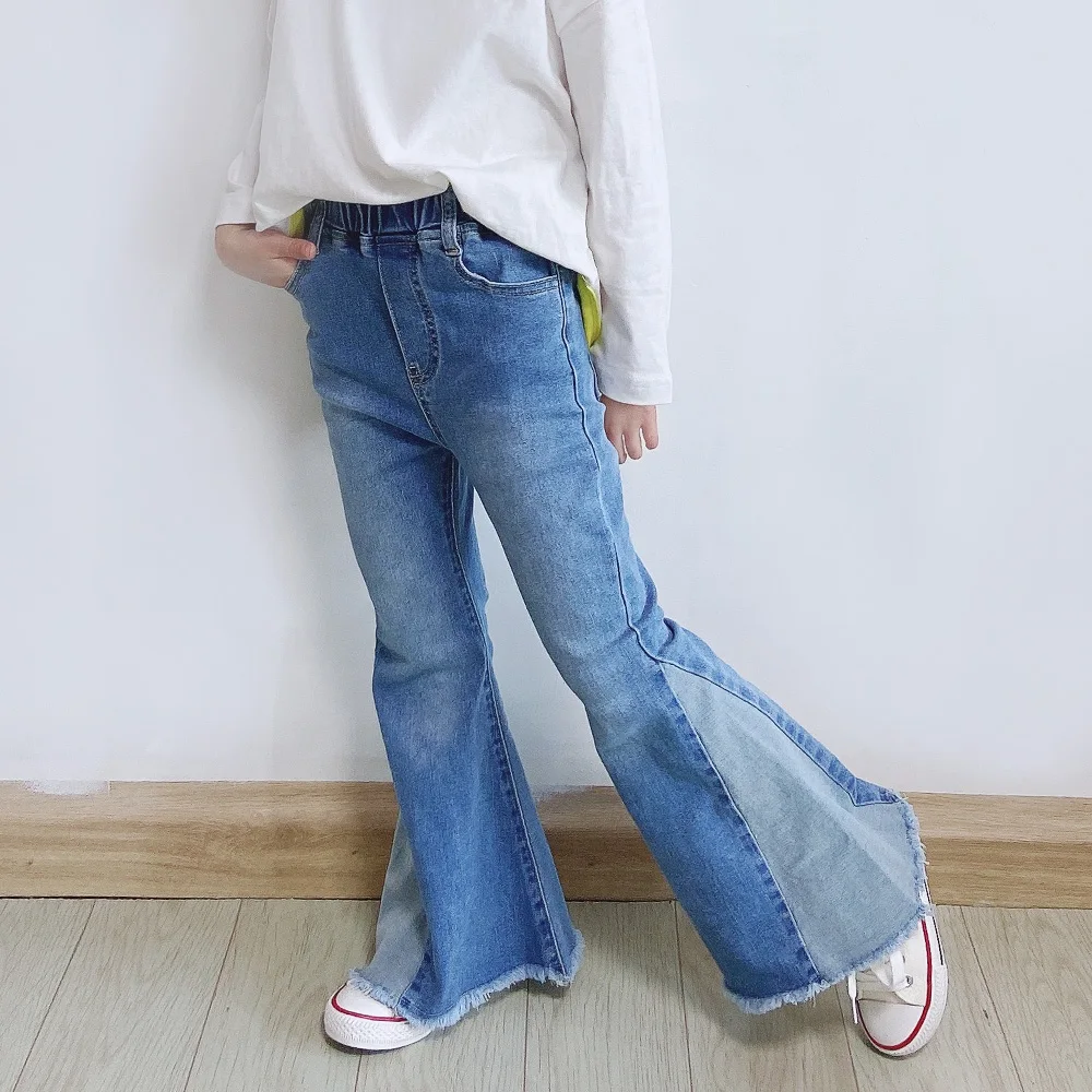 ANKRT autumn and winter new girls' elastic tight fit flared pants, jeans, children's color blocked denim long pants