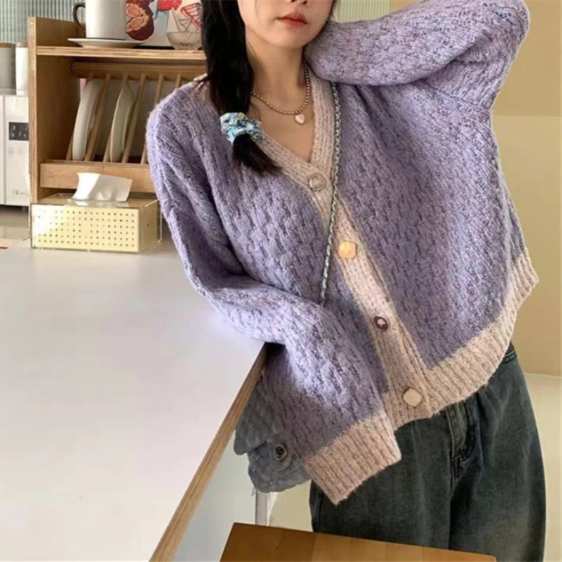 Purple Patchwork Knitted Cardigan Women Korean Fashion Spring Autumn Warm Soft V-neck Sweater Versatile Loose Knitting Jackets