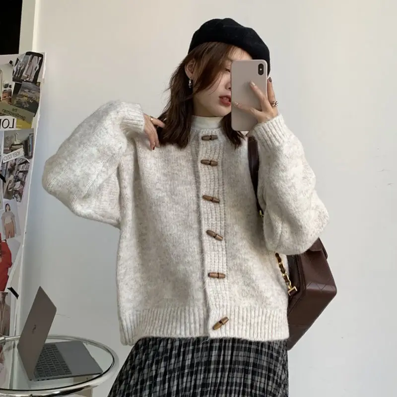 Gentle knitted sweater women's coat artistic retro round neck lazy style cardigan autumn and winter top women clothing y2k tops