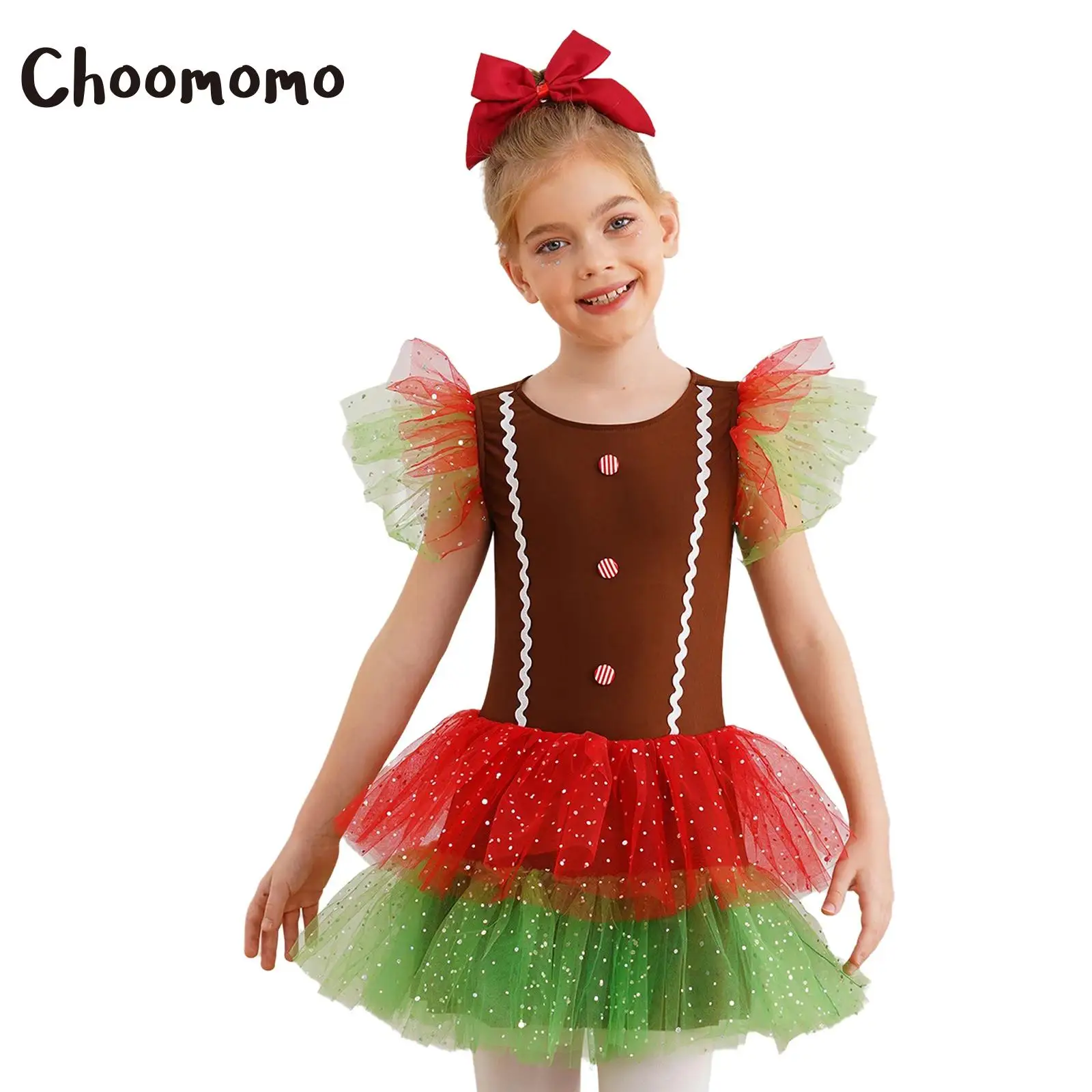 Kids Girls Christmas Gingerbread Man Costume Sequins Decoration Colorful Flutter Sleeve Tiered Rainbow Mesh Patchwork Dress