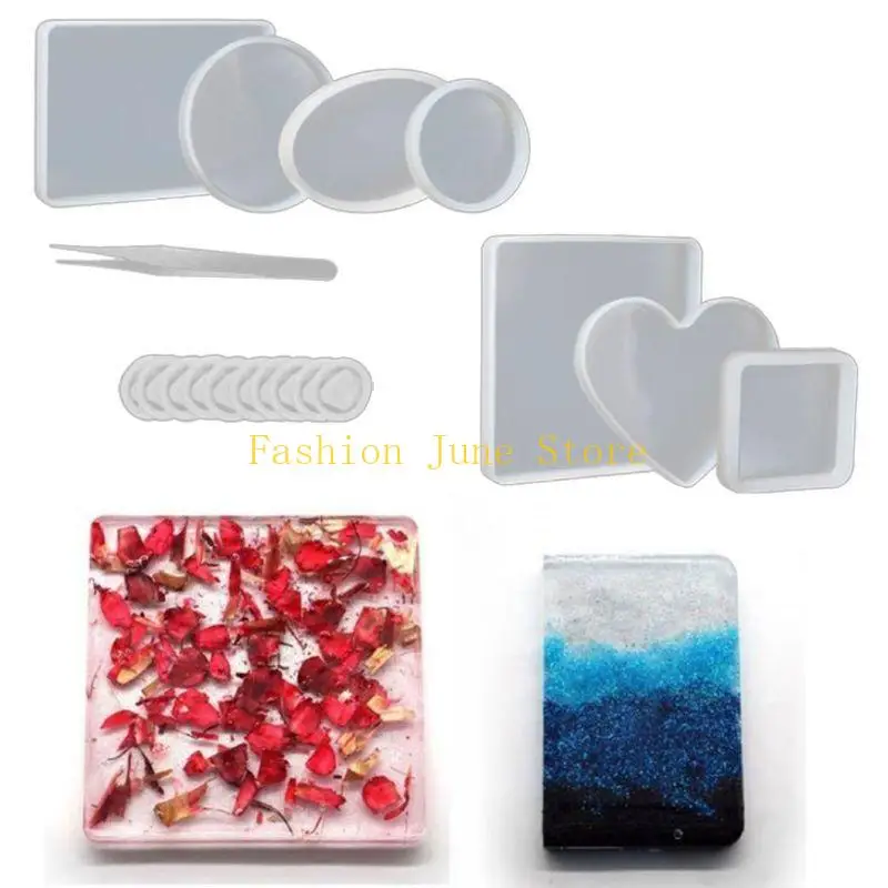 N5KA 18Pcs Handmade Silicone Resin Mold Round Square Rectangle Heart Oval Bottom DIY Molds Jewelry Making Tools